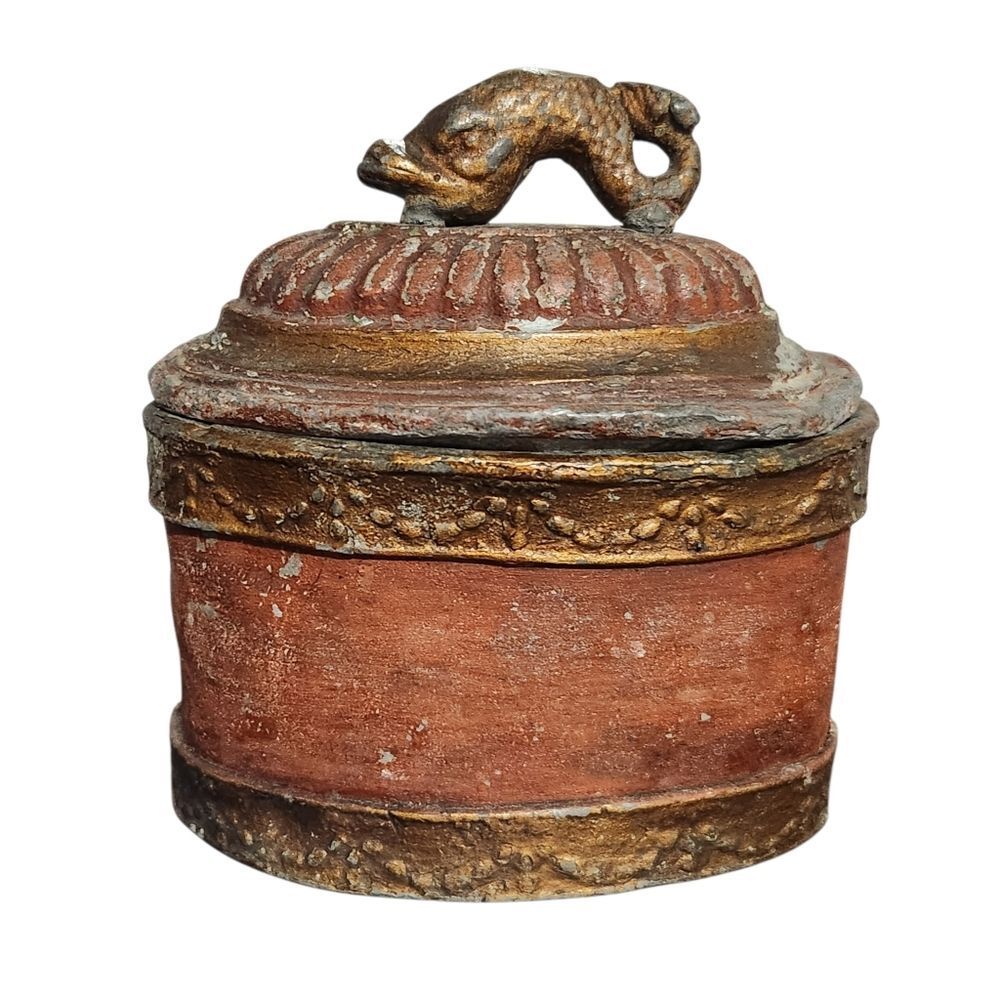 Vintage Copper Covered Lead Trinket Box Antique Heavy Fish Handle Lid Primitive